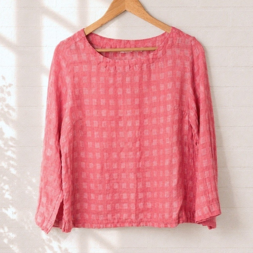 Sigrid Olsen Linen Coral Pink Gingham Top Womens L Coastal Cottage Beachy Boho